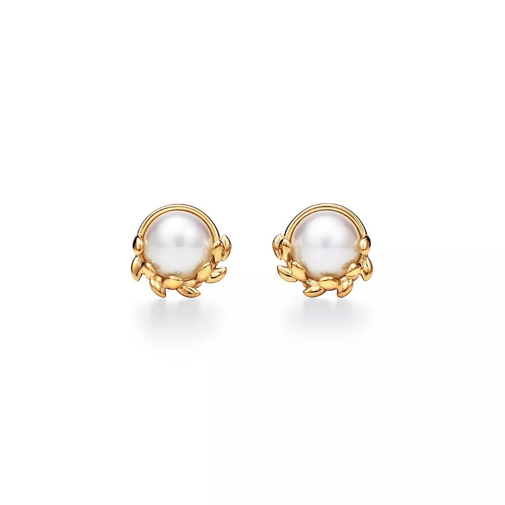 Paloma Picasso Olive Leaf Stud Earrings in Yellow Gold with Pearls